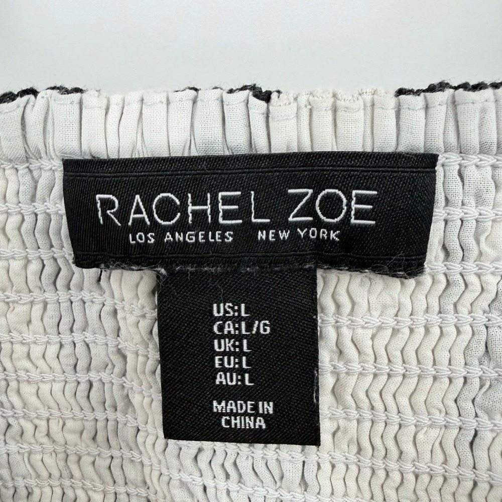 Rachel Zoe Womens Large Midi Dress Black White Abstract Linen Blend Smocked Boho - Picture 6 of 8